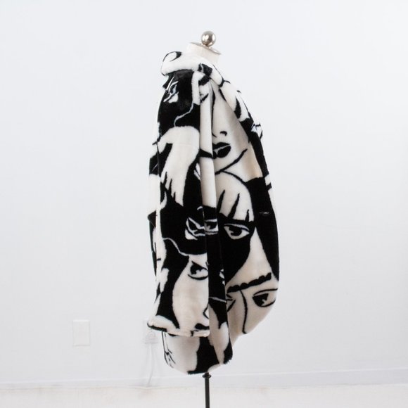 Vintage 80s L Faux Fur Faces Print Wrap Midi Coat - Picture 10 of 16